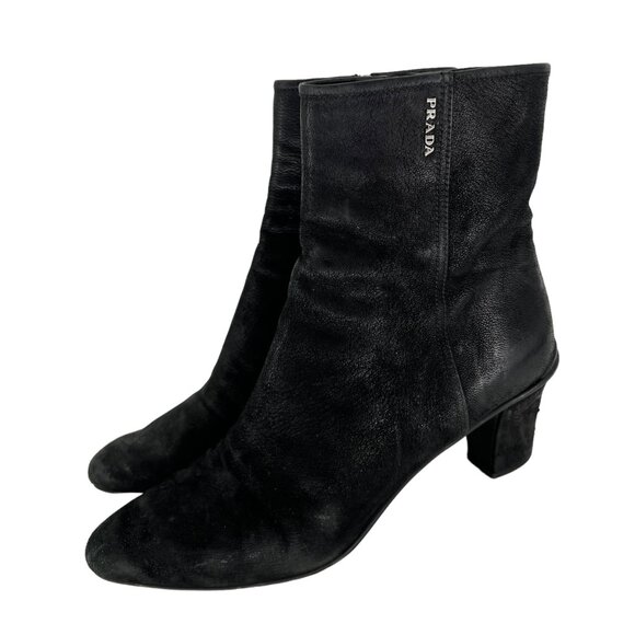Prada Leather Ankle Boots Size 38 US 8 Pointed Toe Side Zipper Black Heels - Picture 1 of 16